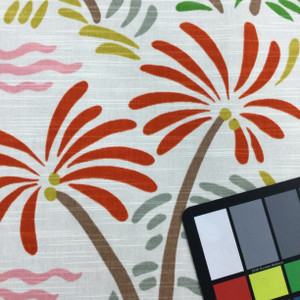 Stamped Palm Tree Fabric | Pink / Green / Red / Brown | Home Decor / Drapery | Linen Like | 54" Wide | By the Yard | Excursion in Dazzle