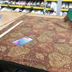 Bohemian Paisley Microfiber Velvet Fabric | Red / Burgundy / Tan  | Heavy Upholstery | 54" Wide | By the Yard | Yasmin in Garnet