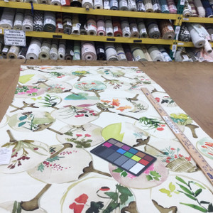 Chinoiserie Botanical Fans Felt-Backed Fabric | Off White / Red / Green / Pink | Upholstery / Drapery | 54" Wide | By the Yard |  Mia in Multi