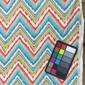 Ikat Chevron Home Decor Fabric |  Turquoise / Orange / Citron Green / White | Upholstery / Drapery | 54" Wide | By the Yard | "Chevron Charade" Capri