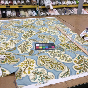 Deco Leaves Home Decor Fabric | Bronze Glitter / Brown / Jade / Blue  | Upholstery / Drapery | 54" Wide | By the Yard | HGTV Home "Deco Drama" Topaz