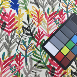 Contemporary Leaf Stems Waverly Fabric | Pink / Yellow / Green / Grey | Home Decor / Drapery | 54" Wide | By the Yard | Waverly "Vibrant Canvas"
