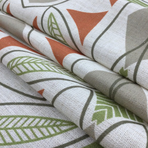 Geometric Fabric in Green / Orange / Grey / Natural Off White | Home Decor / Upholstery / Drapery | 95% Polyester / 5% Linen | 54" W | Regal Fabrics "Meyers in Coral"