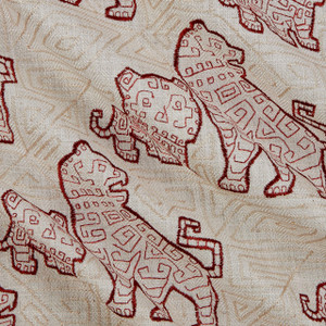 Chinois Foo Dog Embroidered Linen Carmine | Medium Weight Linen Fabric | Home Decor Fabric | 54" Wide