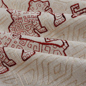 Chinois Foo Dog Embroidered Linen Carmine | Medium Weight Linen Fabric | Home Decor Fabric | 54" Wide