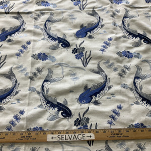 Claridge Home Koi Embroidered Basketweave Navy | Medium/Heavyweight Basketweave Fabric | Home Decor Fabric | 54" Wide