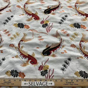 Claridge Home Koi Embroidered Basketweave Coral Red | Medium/Heavyweight Basketweave Fabric | Home Decor Fabric | 54" Wide