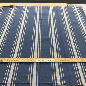 Laura & Kiran Harbor Stripe Woven basketweave White On Navy | Medium/Heavyweight Basketweave, Woven Fabric | Home Decor Fabric | 54" Wide