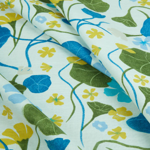 Elana Gabrielle Nasturtiums Basketweave Blueberry | Lotus Leaves in Blue Green and Yellow | Medium/Heavyweight Basketweave Fabric | Home Decor Fabric | 54" Wide