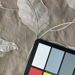 Whisper in Pebble | Drapery Fabric | Embroidered Leaves in Taupe / Off White | Sateen | Lightweight | 54" Wide | By the Yard