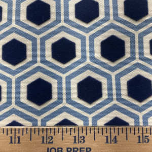 Honeycomb in Royal | Cut Velvet Home Decor Fabric | Dark Blue Velvet Hexagon with Light Blue / Off White | Waverly | Medium Weight | 54" Wide | By the Yard
