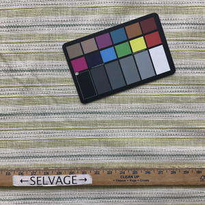 Spring in Celery | Upholstery Fabric | Green and Blue Stripe Basketweave | Medium Weight | By The Yard