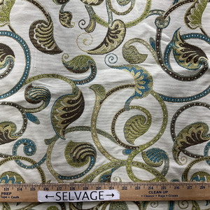 Felicity in Citron | Jacquard Upholstery Fabric | Foliage Scrollwork in Blue / Green / White | Medium Weight | 54" Wide | By The Yard
