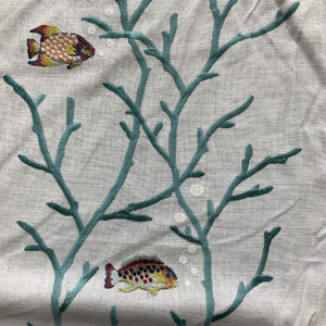 Coral Column with Fish in Aqua Blue / Orange / Ivory | Drapery Fabric | Embroidered Linen | Lightweight | 54" Wide | By the Yard