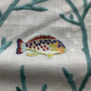 Coral Column with Fish in Aqua Blue / Orange / Ivory | Drapery Fabric | Embroidered Linen | Lightweight | 54" Wide | By the Yard