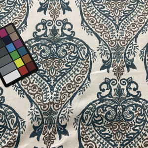 Anne in Teal | Home Decor Fabric | Blue Paisley Damask Herringbone | Drapery / Upholstery | Medium Weight | 54" Wide | By The Yard
