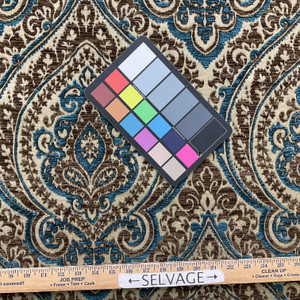 Foil in Turquoise | Upholstery Fabric | Large Scale Damask in Blue / Brown | Heavyweight | 54" Wide | By the Yard