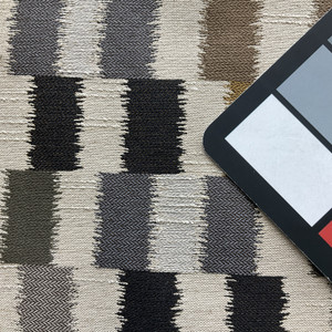Dahra in Caviar | Jacquard Upholstery Fabric | Color-blocked Ikat in Beige, Gray, Orange, Brown | 54" Wide | By the Yard (Same as SKU: UPSCK-938)
