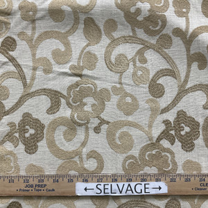 Vien-lin in Flaxen | Drapery Fabric | Embroidered Scrollwork Floral in Bronze on Beige Linen | Light-Medium Weight | 54" Wide | By the Yard