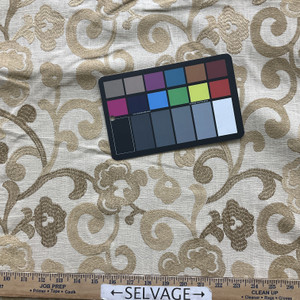 Vien-lin in Flaxen | Drapery Fabric | Embroidered Scrollwork Floral in Bronze on Beige Linen | Light-Medium Weight | 54" Wide | By the Yard