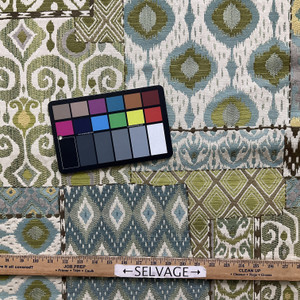 Shangri La in Agave | Upholstery Fabric | Patchwork Jacquard in Green / Blue / Off White | Heavyweight | 54" Wide | By the Yard