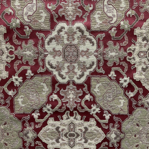 Kashan in Laquer | Upholstery Fabric | Aztec Design in Red / Green | Medium Weight | 54" Wide | By the Yard