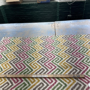 Kasuri in Berry | Home Decor Fabric | Yellow / Pink / Green Ikat Maze | Kaufmann | 54" Wide | By the Yard