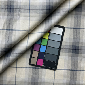 Callum in Pepper | Tartan Plaid Twill Fabric in  Medium Slate Blue, Taupe Gray   | Midweight Home Decor Fabric | Cotton Blend  | Marlatex | 54" Wide | BTY