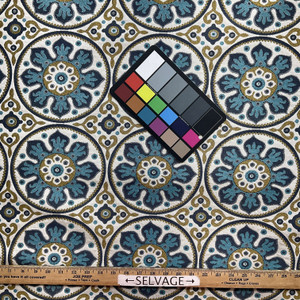 Petra in Capri | Upholstery Fabric | Medallion in Turquoise / Navy / Gold / White | 100% Polyester  |  Heavy weight |  54" Wide | Sold BTY