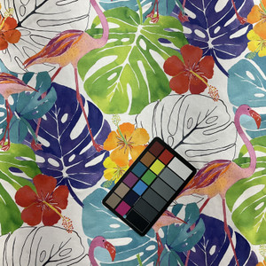 Flamingos in Purple   |  Tripoical Leaves with Flamingos in Purple, Aqua Green and Pink Printed Duck Home Decor Fabric | Drapery | Vilber | 100% Cotton | 54" Wide | Sold BTY