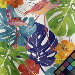 Flamingos in Purple   |  Tripoical Leaves with Flamingos in Purple, Aqua Green and Pink Printed Duck Home Decor Fabric | Drapery | Vilber | 100% Cotton | 54" Wide | Sold BTY