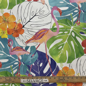Flamingos in Purple   |  Tripoical Leaves with Flamingos in Purple, Aqua Green and Pink Printed Duck Home Decor Fabric | Drapery | Vilber | 100% Cotton | 54" Wide | Sold BTY