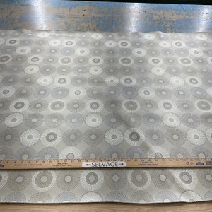Lumi in Sand | Vinyl Upholstery Fabric | Mid Century Modern Circles | Sand / White / Blue | 54" Wide | By the Yard