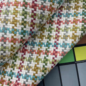 Chichi in Coral | Aqua, Coral, Green, Multicolored  Houndstooth Upholstery Fabric | Home Decor | Slipcover | 54" Wide | Sold BTY