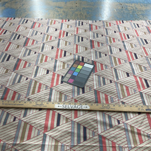 Flagship in American | Embroidered Home Decor Fabric | Geometric Red / Grey / Oatmeal | Waverly | 54" Wide | Sold By the Yard