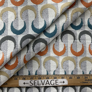 Crescent Geo in Multi | Jacquard Upholstery Fabric | Orange / Blue / Grey | Heavy Weight | 54" Wide | By the Yard