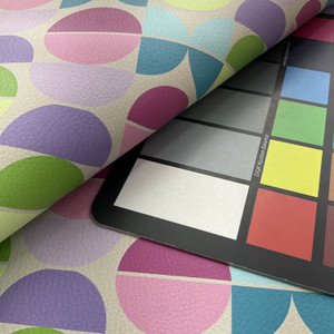 Essential in Eclipse  | Upholstery Vinyl Fabric  | Geometric Design in Pink / Green / Blue / Purple |  High Performance | Knit  back |  Heavyweight | 54 Inch WIde | Sold BTY