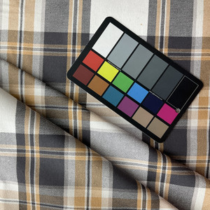 Sticky Wicket in Coal  | Plaid Twill Fabric in  Golden Tan, Charcoal Gray and White   | Midweight Home Decor Fabric | Cotton Blend  | P Kaufmann  | 54" Wide | BTY