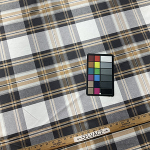 Sticky Wicket in Coal  | Plaid Twill Fabric in  Golden Tan, Charcoal Gray and White   | Midweight Home Decor Fabric | Cotton Blend  | P Kaufmann  | 54" Wide | BTY