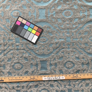 Scrollwork in Teal / Grey | Jacquard Upholstery Fabric | Chenille | Heavy Weight | 54" Wide | By the Yard