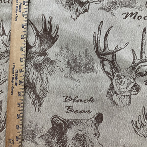 Wildlife in Doeskin | Upholstery Fabric | Moose / Bear on Herringbone | Tan / Brown | Medium Weight | 54" Wide | By the Yard