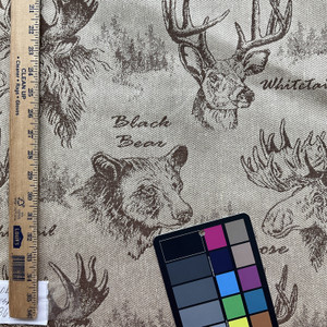 Wildlife in Doeskin | Upholstery Fabric | Moose / Bear on Herringbone | Tan / Brown | Medium Weight | 54" Wide | By the Yard