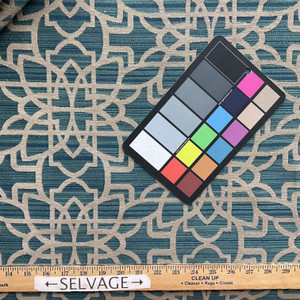 Simone in Mineral | Jacquard Upholstery Fabric | Scrollwork in Teal / Brown | Medium Weight | 54" Wide | By the Yard