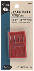 Universal Sewing Machine Needles | 4 piece | Sizes 11/14/16 (Light Med-weight to Heavyweight) | Dritz