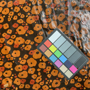 Retro Floral Print Dark Brown / Orange Patent Lambskin Leather Hide | 5 Square Feet | 1.5 Ounce / 0.7 mm
