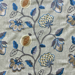 Starlight in Stone | Embroidered Drapery Fabric | Floral Pomegranate Design in Blue, Grey, Beige, Orange | Europatex | 57" Wide | By the Yard