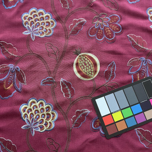 Starlight in Ruby | Embroidered Drapery Fabric | Floral Pomegranate Design in Red, Blue, Brown | Europatex | 57" Wide | By the Yard