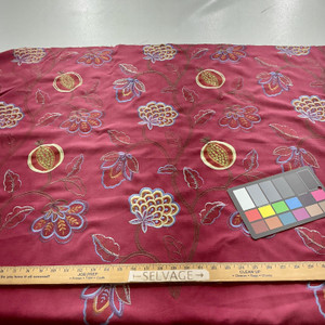 Starlight in Ruby | Embroidered Drapery Fabric | Floral Pomegranate Design in Red, Blue, Brown | Europatex | 57" Wide | By the Yard