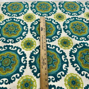 Sundial in Greenflower | Outdoor Waterproof Upholstery Fabric | Medallions in Green, Blue, Off White | Europatex | 60" Wide | By the Yard