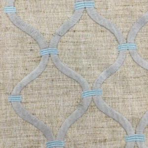 2 Yard Piece of Embroidered Ogee in Grey and Spa Blue on Natural Brown Slub Weave | Drapery / Upholstery / Slipcover Fabric | Linen Blend | 54" Wide | By the Yard